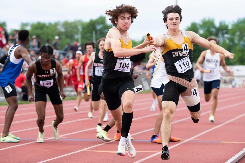 CB West's Conor McFadden (back), pictured here in the 3A Boys 4x400 medley relay at the PIAA Track & Field Championships last spring.