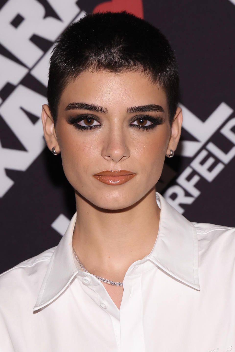 closeup of her buzz cut