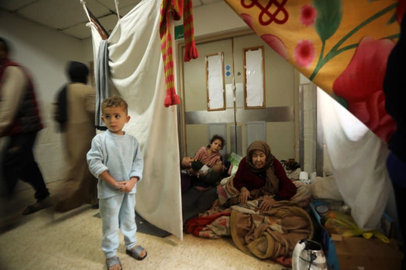 Thousands of displaced Palestinians, due to Israeli attacks, take refuge in European Hospital, in Khan Yunis, Gaza as the attacks continue on Gaza Strip on December 31, 2023. Photo by Ismael Mohamad/UPI