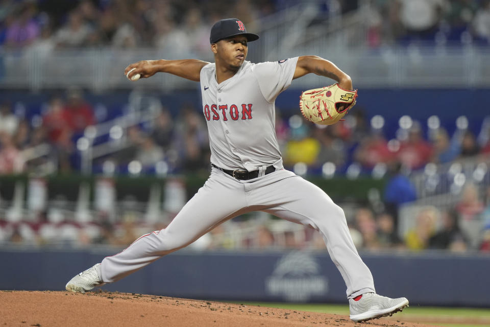 Boston Red Sox starting pitcher Brayan Bello delivers during the first inning of a baseball game against the Miami Marlins, Wednesday, July 3, 2024, in Miami. (AP Photo/Marta Lavandier)