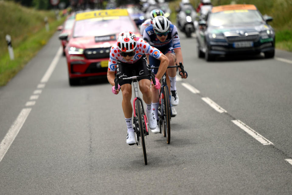 SAN SBASTIN SPAIN  JULY 02 Neilson Powless of The United States and Team EF EducationEasyPost  Polka Dot Mountain Jersey leads the breakaway during the stage two of the 110th Tour de France 2023 a 2089km stage from VitoriaGasteiz to San Sbastin  UCIWT  on July 02 2023 in San Sbastin Spain Photo by David RamosGetty Images