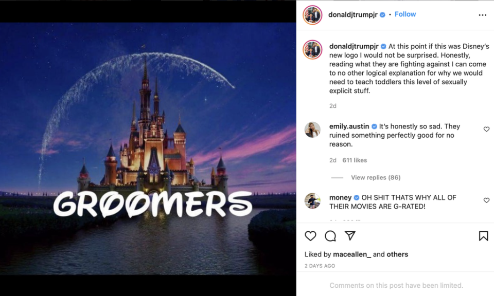 Donald Trump Jr has attacked Disney since it opposed the Don’t Say Gay bill (Instagram/DonaldTrumpJr)