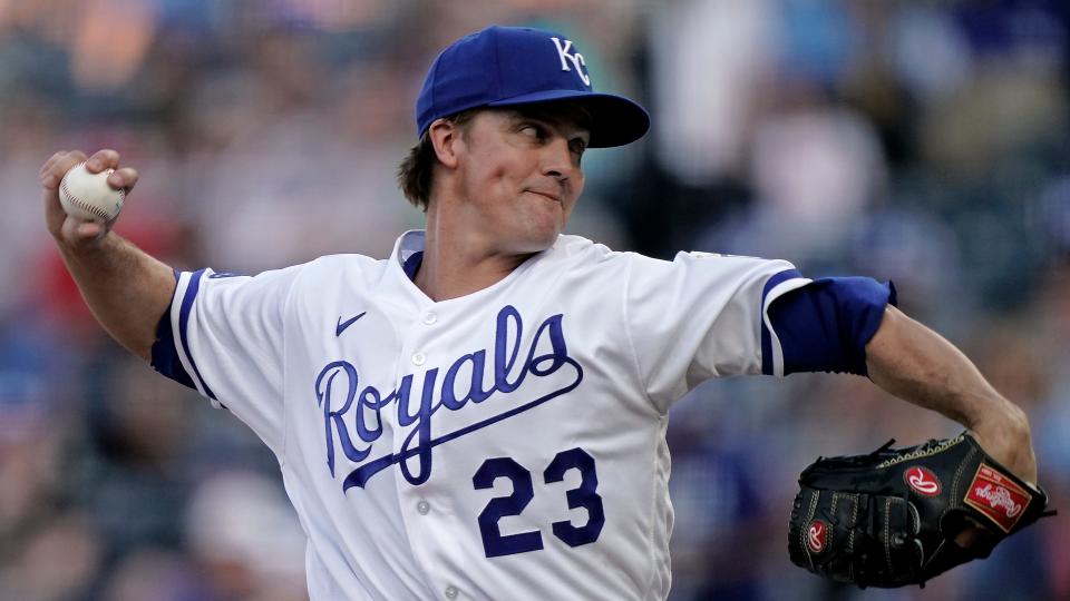 Kansas City Royals starting pitcher Zack Greinke throws during the first inning of a baseball game against the Chicago White Sox Wednesday, May 18, 2022, in Kansas City, Mo.