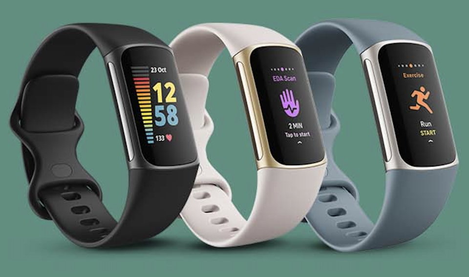 The Fitbit Charge 5 comes in three colourways: Black/Graphite, Lunar White/Soft Gold and Steel Blue/Platinum. (Photo: Fitbit)