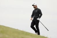 Apr 20, 2018; San Antonio, TX, USA; Ryan Moore watches his second shot on the eighteenth hole during the second round of the Valero Texas Open golf tournament at TPC San Antonio - AT&T Oaks Course. Mandatory Credit: Soobum Im-USA TODAY Sports