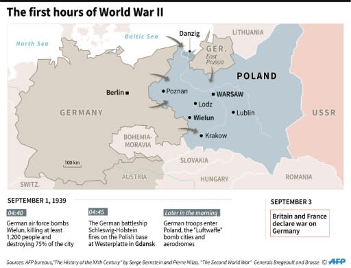 Map showing the start of the German invasion of Poland in 1939