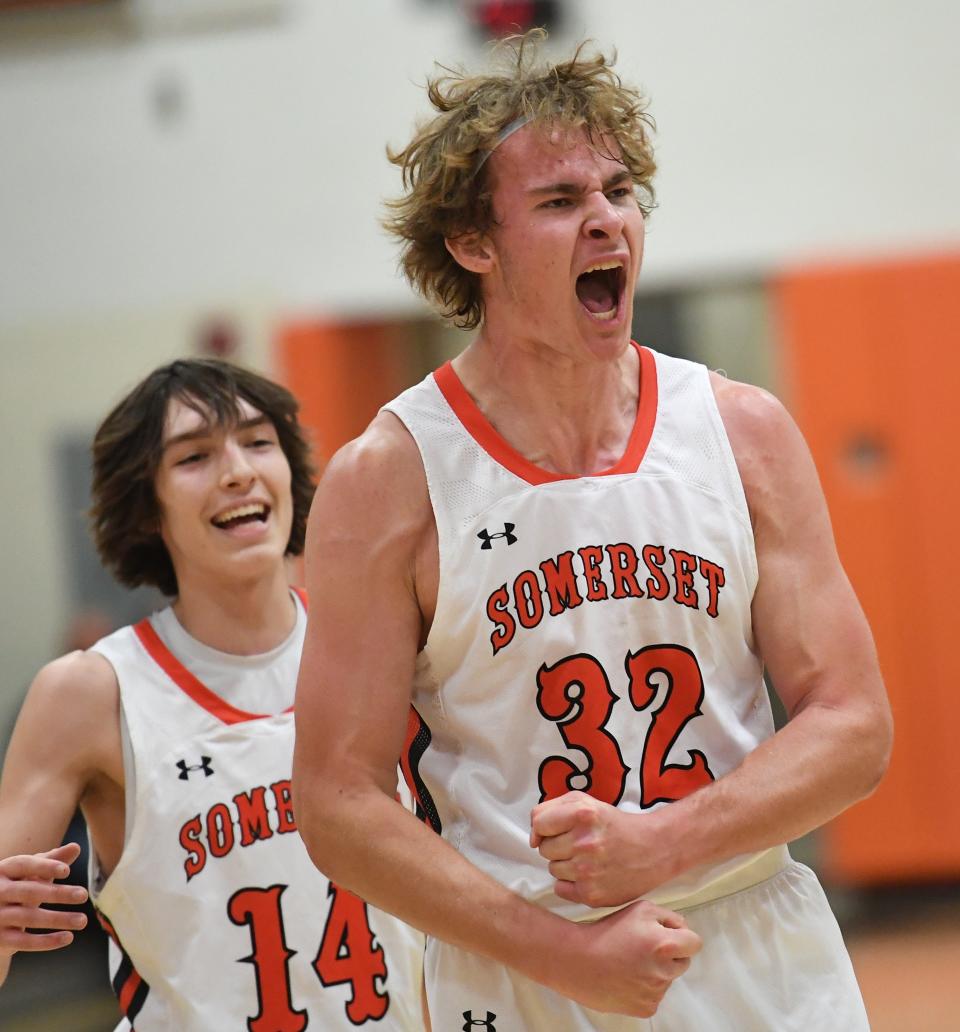 Somerset's Eli Mumau (32) reacts after an offensive putback after being fouled during the championship game of the Pine Grill Roundball Classic, Dec. 3, in Somerset.