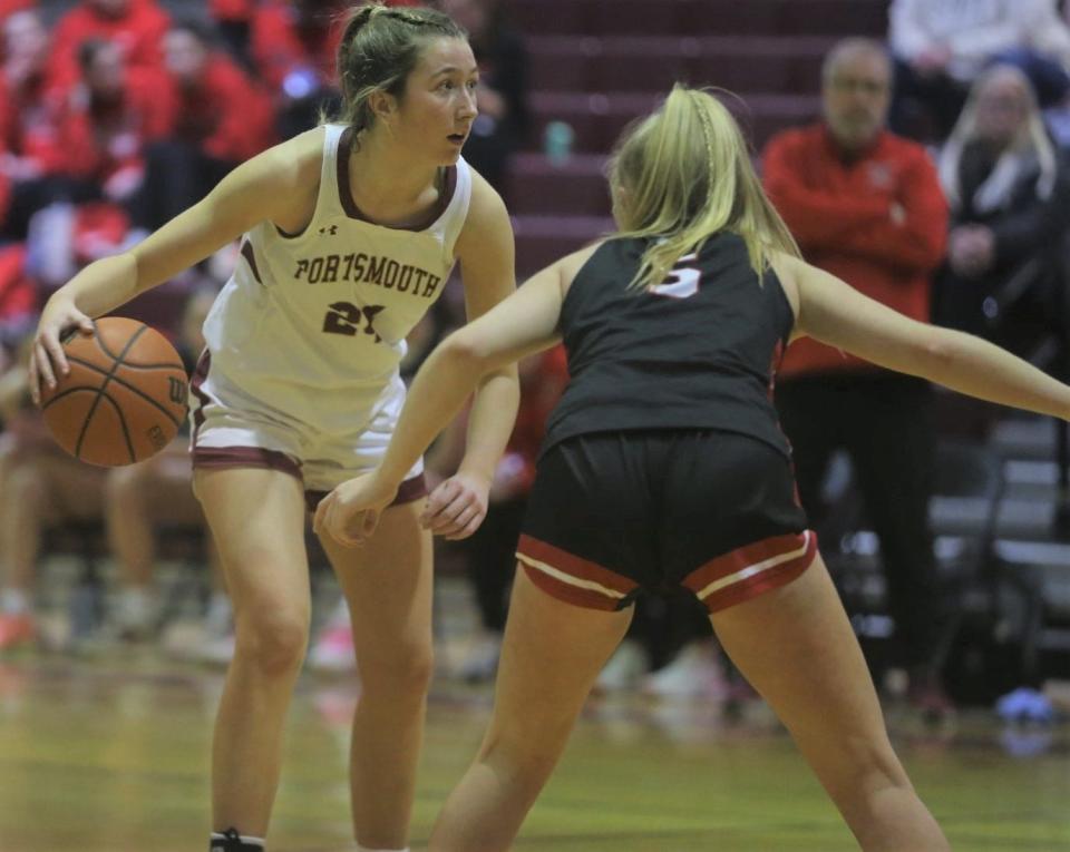 Portsmouth High School's Avery Romps (24) is defended by Bedford's Lyla Stein during Tuesday's Division I girls basketball game. Romps scored a team-high 22 points in a 56-50 loss.