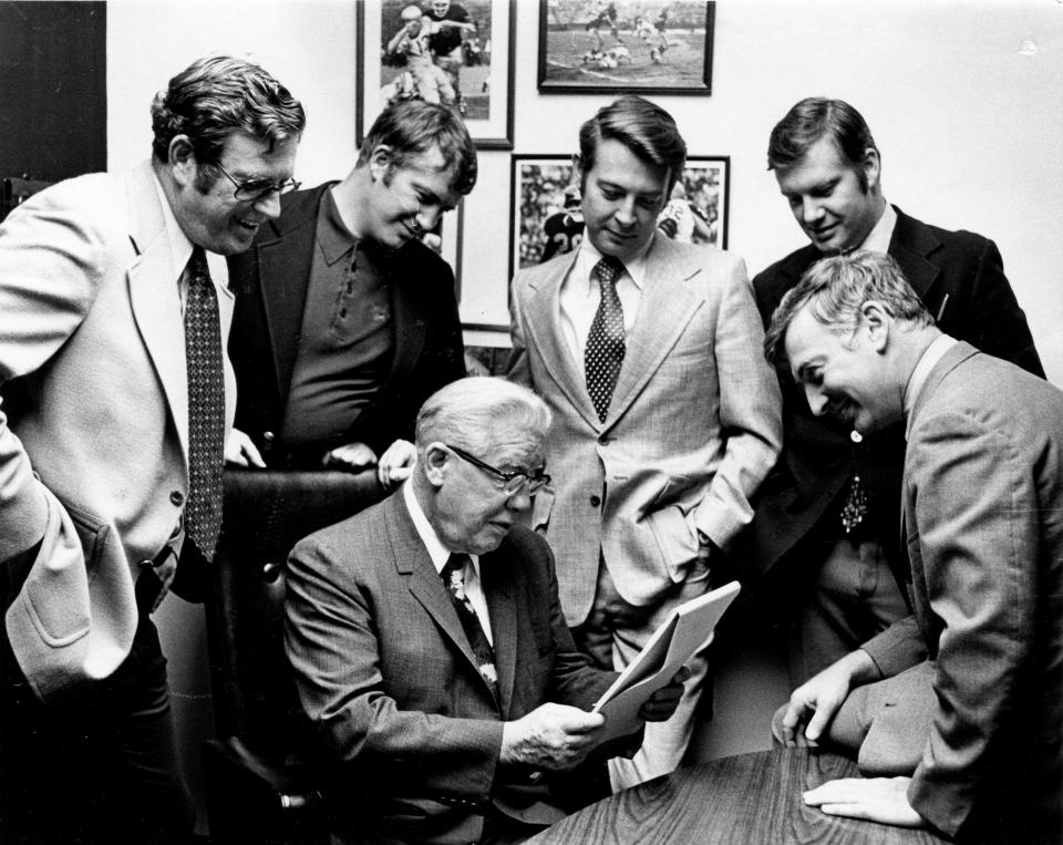 Arthur Rooney and his five sons, Art II, John, Tim, Pat and Dan (left to right) sitting in their father's office in Pittsburgh on the day he bought the Palm Beach Kennel Club in 1970.