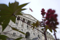 Plants are seen at the Bank of England in London, Tuesday, Sept. 27, 2022. The British pound has stabilized in Asian trading after plunging to a record low, as the Bank of England and the British government try to soothe markets nervous about a volatile U.K. economy. The instability is having real-world impacts, with several British mortgage lenders withdrawing deals amid concern that interest rates may soon rise sharply. (AP Photo/Frank Augstein)