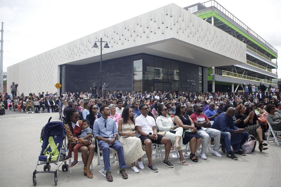 Attendees at a dedication ceremony for the Greenwood Rising history center on 2 June 2021 in Tulsa, Oklahoma.