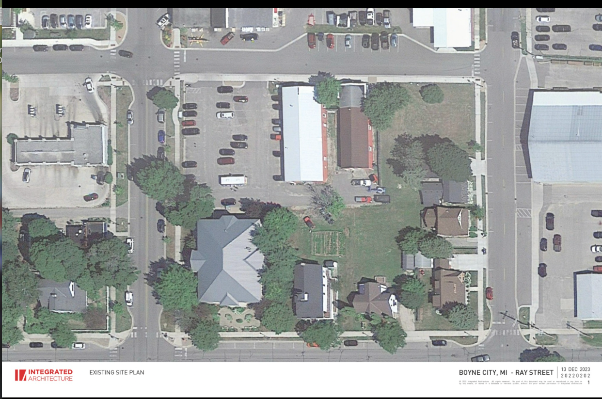 Aerial photo of the proposed development location. The Ray and Park project would redevelop 211 S. Park St. and 214 Ray St. into approximately 40 apartments, four live-work units and a new community room for the Boyne District Library.