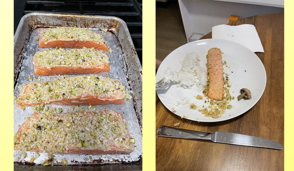 One of us (I'm not saying who) refused to even try the pistachio crust on the salmon. (Lisa Schweitzer/Yahoo)