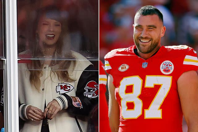 <p>Jamie Squire/Getty Images; David Eulitt/Getty Images</p> Taylor Swift in her Jeff Hamilton bomber; Travis Kelce.
