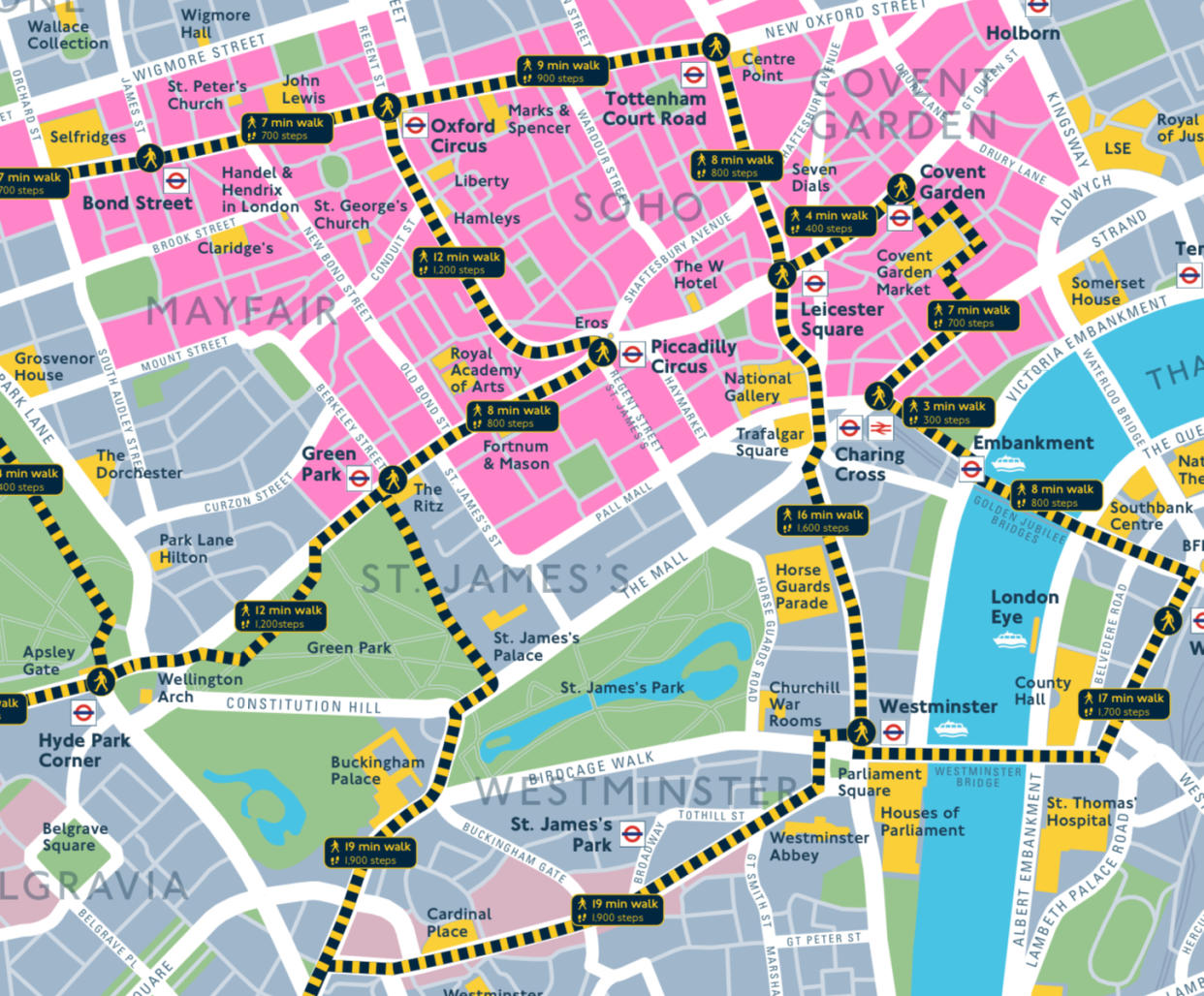 A map of the West End shows the routes between Tube stations. (TfL)