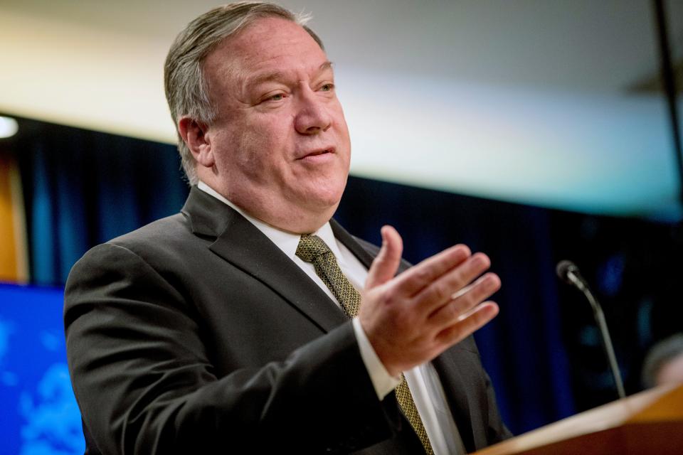 Secretary of State Mike Pompeo speaks during a news conference at the State Department in Washington, Wednesday, June 10, 2020.