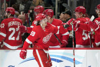 Detroit Red Wings left wing Tyler Bertuzzi (59) celebrates his goal against the Edmonton Oilers in the first period of an NHL hockey game Tuesday, Feb. 7, 2023, in Detroit. (AP Photo/Paul Sancya)