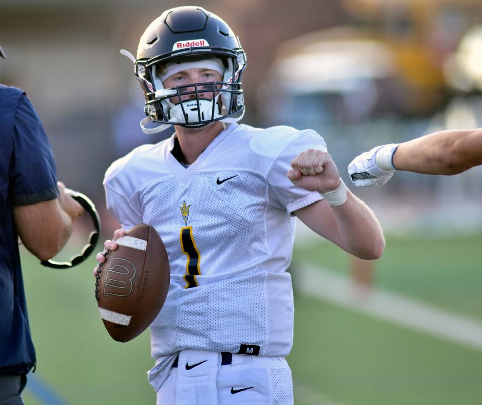 Greencastle's Logan Alvey gets ready during pregame warmups. The host Blue Devils beat Delone Catholic, 35-0, on Friday, September 9, 2022.