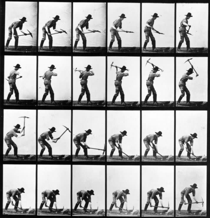 circa 1887:  A series of photographers taken by the Anglo-American photographer Eadweard Muybridge (1830 - 1904) as a study of movement. He used twenty-four cameras to capture a single sequence of events, in this case a man using a pickaxe.  Original Publication: From 'Animal Locomotion' - pub. 1887.  (Photo by Eadweard Muybridge/Getty Images)