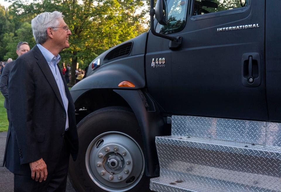 United States Attorney General Merrick Garland, in center, checking out one of the Bensalem Police Department's SWAT team trucks at the National Night Out event in Bensalem on Tuesday, Aug. 1, 2023.