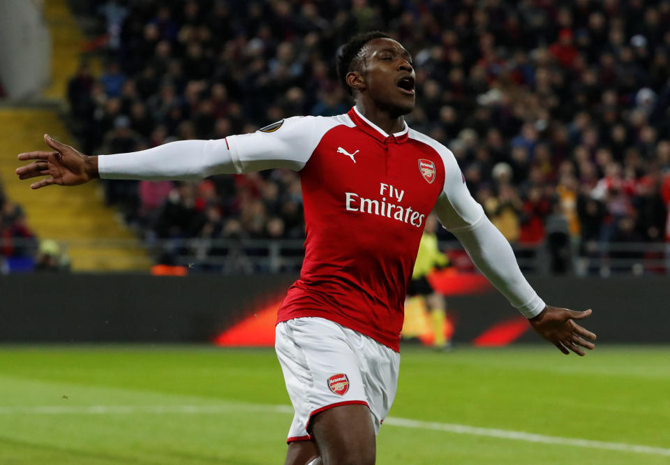 Danny Welbeck celebrates his goal that put Arsenal in control in its Europa League quarterfinal against CSKA Moscow. (Reuters)