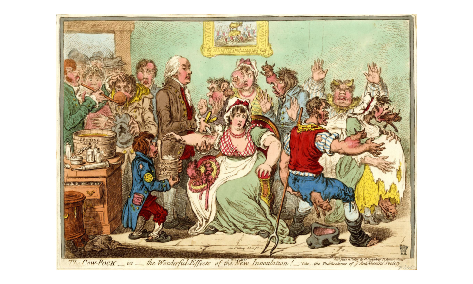 An engraving showing crowds pushing into a room where Jenner vaccinates a woman; other people are seen with cow heads growing out of their bodies.