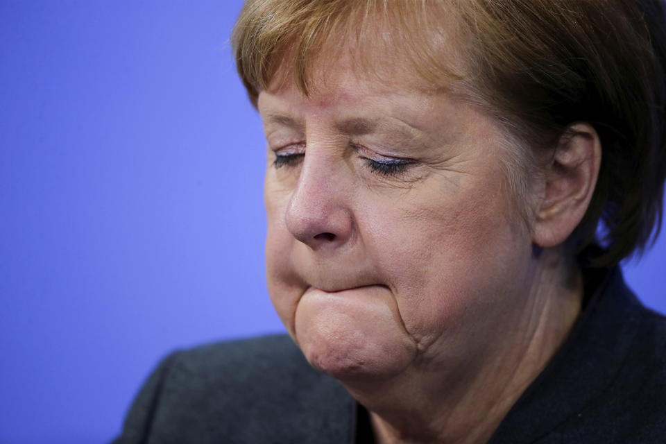 German Chancellor Angela Merkel during a news conference on further coronavirus measures, at the Chancellery in Berlin, Germany, Tuesday Jan. 19, 2021. (Hannibal Hanschke/Pool via AP)