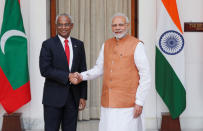 Maldives President Ibrahim Mohamed Solih and India's Prime Minister Narendra Modi shake hands ahead of their meeting at Hyderabad House in New Delhi, December 17, 2018. REUTERS/Adnan Abidi