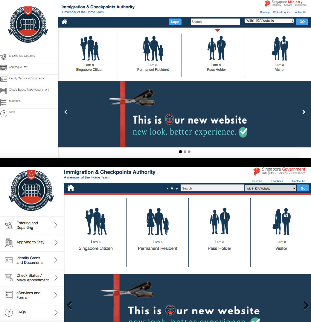 Images of the fake ICA website (above) and the real site (below).