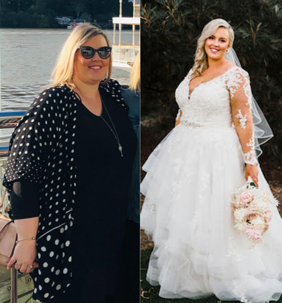 Side by side images of a woman wearing a black dress and the same woman wearing a white wedding dress