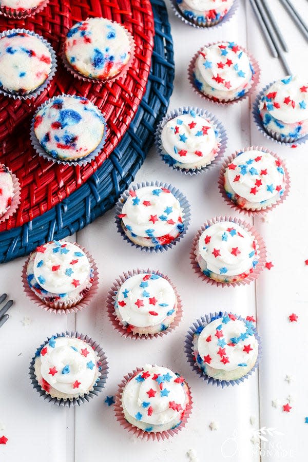 <p>These easy Funfetti cupcakes will disappear before you know it (because yes, they taste as good as they look). </p><p><strong><em>Get the tutorial from <a href="https://makinglemonadeblog.com/red-white-and-blue-dessert-cupcakes-for-4th-of-july/" rel="nofollow noopener" target="_blank" data-ylk="slk:Making Lemonade;elm:context_link;itc:0;sec:content-canvas" class="link ">Making Lemonade</a>. </em></strong></p>