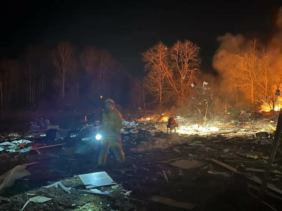 Emergency crews working a scene Monday, Jan. 22, 2023, at a reported house explosion near Hillham, which is about a 10-minute drive southwest of French Lick.