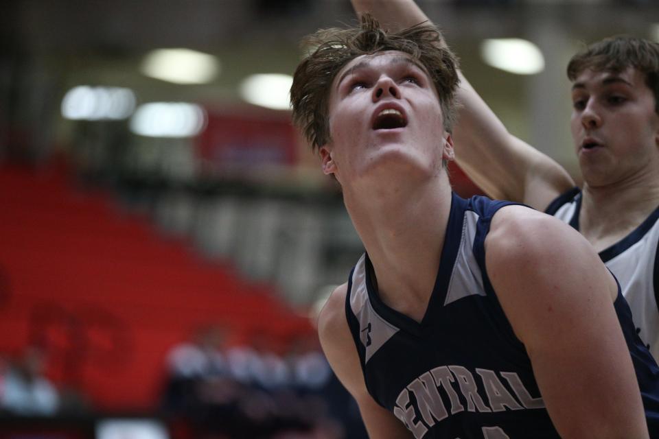 Central Catholic forward Albert Schwartz attempts to score near the basket against Harrison during the IU Health Hoops Classic at Lafayette Jeff High School on Tuesday, Nov. 28, 2023.