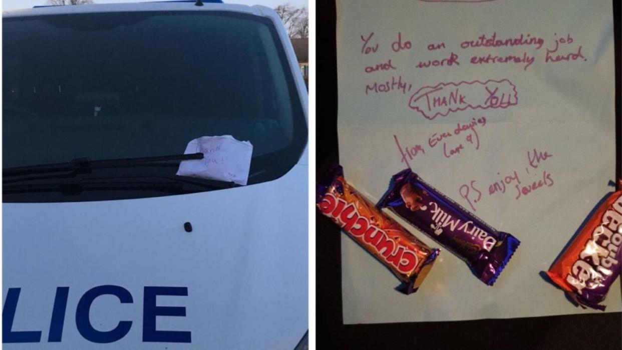 Nine-year-old Eva Davies spent her Saturday delivering thank you notes and chocolate bars to police officers and NHS workers. (Chorley Police)