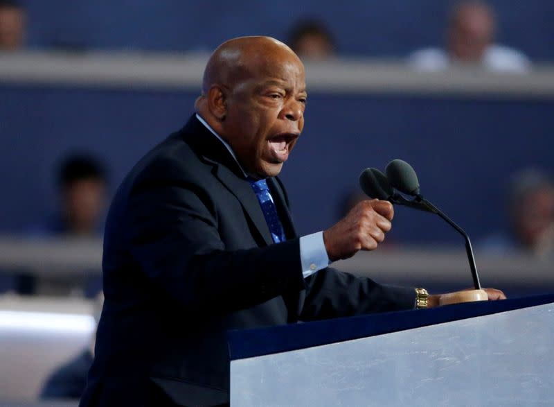 FILE PHOTO: U.S. Rep. John Lewis gestures as he nominates Hillary Clinton at the Democratic National Convention in Philadelphia Pennsylvania
