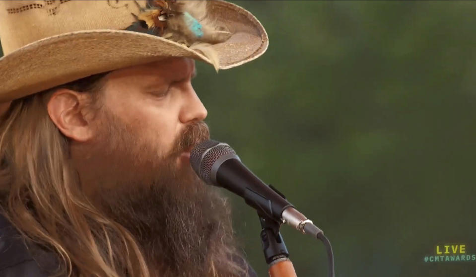 In this video image provided by CMT, Chris Stapleton performs "Arkansas" at the CMT Music Awards, airing on Wednesday, June 9, 2021. (CMT via AP)