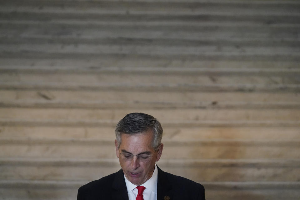 Georgia Secretary of State Brad Raffensperger speaks during a news conference on Monday, Nov. 30, 2020, in Atlanta. (AP Photo/Brynn Anderson)