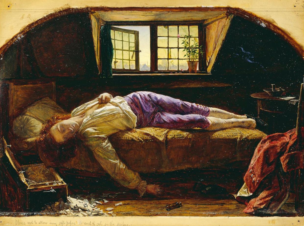 Henry Wallis, La mort de Chatterton, 1856. <a href="https://fr.wikipedia.org/wiki/Fichier:Henry_Wallis_-_The_Death_of_Chatterton_-_Google_Art_Project.jpg" rel="nofollow noopener" target="_blank" data-ylk="slk:Wikipédia;elm:context_link;itc:0;sec:content-canvas" class="link ">Wikipédia</a>