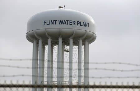 The top of the Flint Water Plant tower is seen in Flint, Michigan February 7, 2016. REUTERS/Rebecca Cook/Files