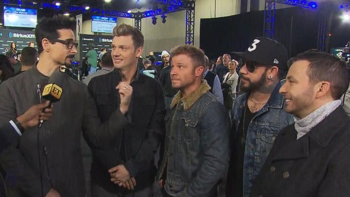 The Backstreet Boys peform the National Anthem before game one of