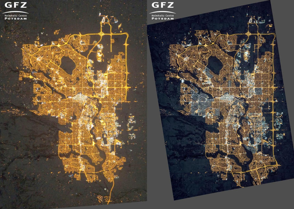 Images of Calgary, Alberta, Canada, taken from the International Space Station. On the left, an image taken on December 23, 2010. Residential areas are mainly lit by orange sodium lamps. On the right, an image taken Nov. 27, 2015. Many areas on the outskirts are newly lit compared to 2010, and many neighborhoods have switched from orange sodium lamps to white LED lamps. <cite>NASA</cite>