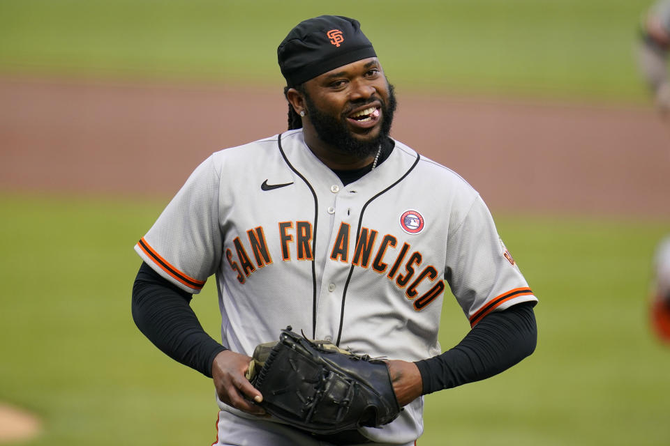 San Francisco Giants starting pitcher Johnny Cueto walks to the dugout after pitching in the first inning of a baseball game against the Pittsburgh Pirates in Pittsburgh, Saturday, May 15, 2021. (AP Photo/Gene J. Puskar)