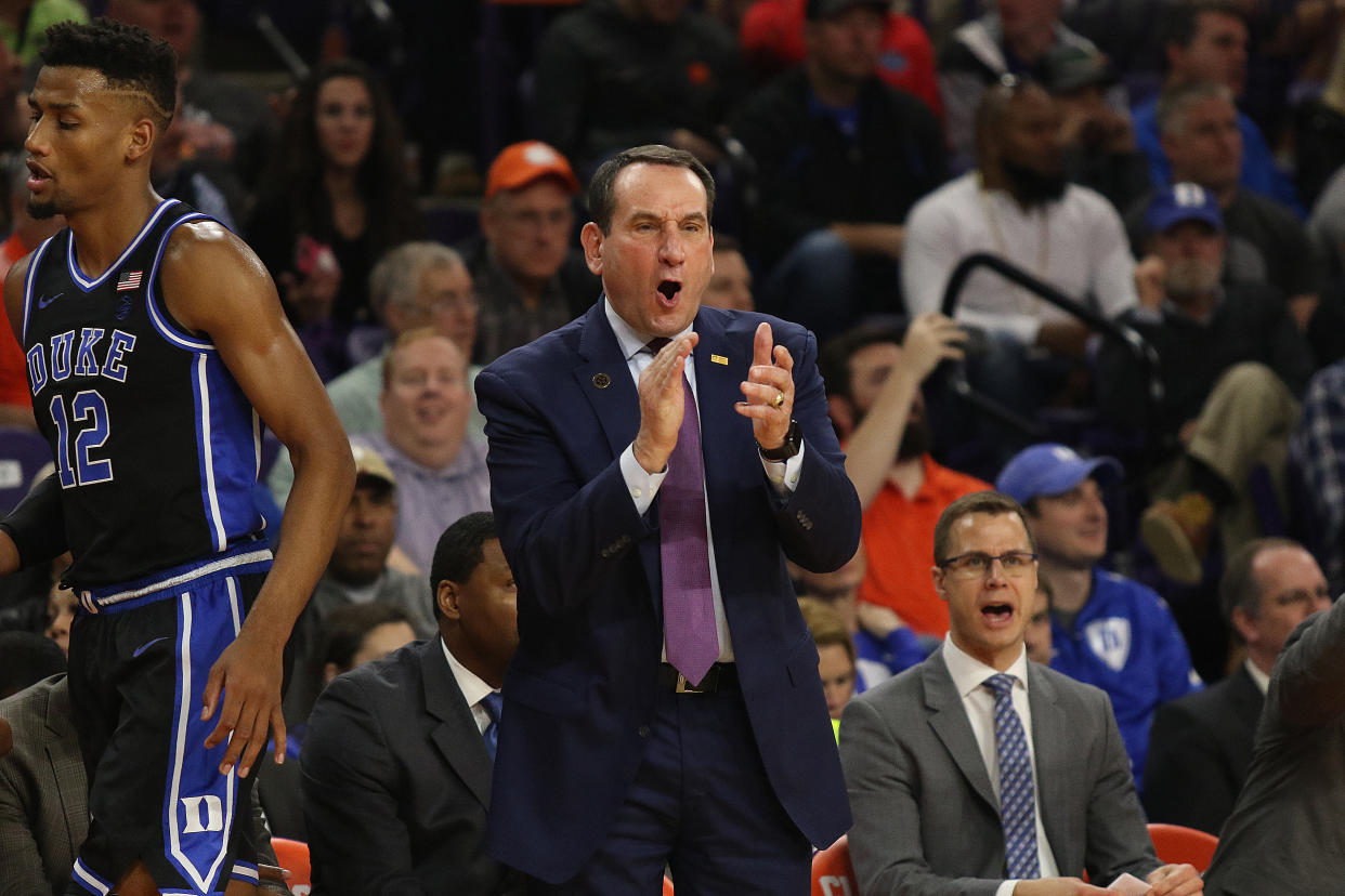 Duke's Mike Krzyzewski yells to his team during a college basketball game against Clemson on Jan. 14, 2020. (John Byrum/Icon Sportswire via Getty Images)
