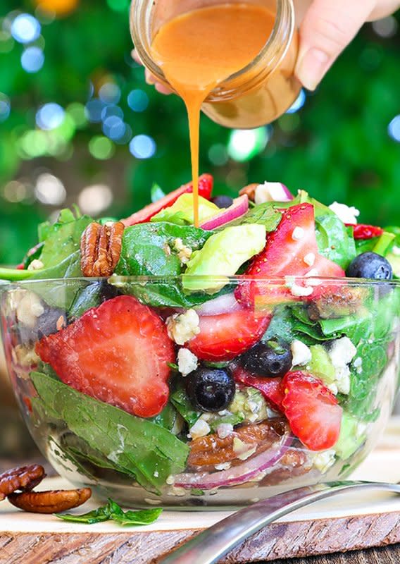 <p>The Slow Roasted Italian</p><p>This fresh, crisp spinach salad gets a hit of fruity freshness from berries and a buttery richness from sliced avocado. It's tossed in a sweet and tangy vinaigrette and topped with crunchy nuts and creamy cheese. It makes a great summer side, but you should also keep it in mind for an easy weekday lunch.</p><p><strong>Get the recipe: <a href="https://www.theslowroasteditalian.com/best-ever-strawberry-spinach-salad-recipe" rel="nofollow noopener" target="_blank" data-ylk="slk:Best-Ever Strawberry Spinach Salad;elm:context_link;itc:0;sec:content-canvas" class="link ">Best-Ever Strawberry Spinach Salad</a></strong></p>