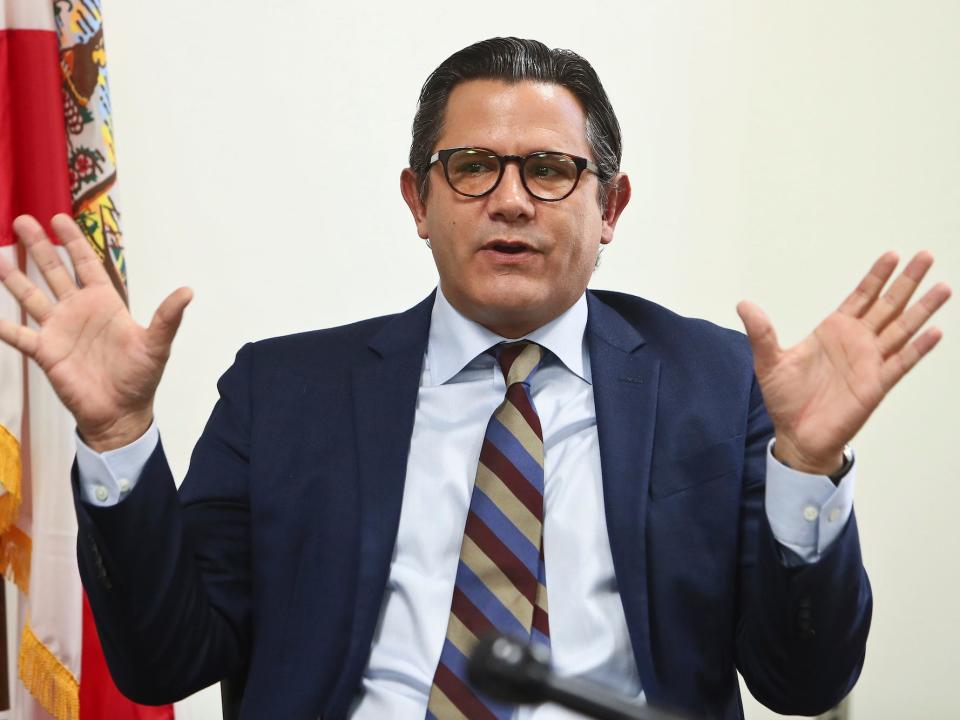 Sen. Jason Pizzo, a Democrat from North Miami Beach, speaks to the media Monday, February 6, 2023 in the Senate Office Building at the Capitol in Tallahassee, Fla. Florida legislators are meeting in a two-week special session to take up a list of issues proposed by Gov. Ron DeSantis.