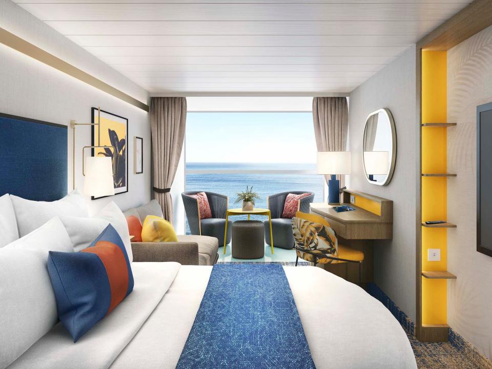 A rendering of the bedroom, living "room," and balcony in Royal Caribbean's upcoming Icon of the Seas cruise ship