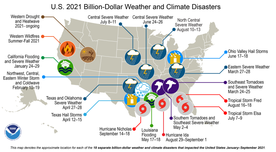 Map of weather and climate disasters in 2021.