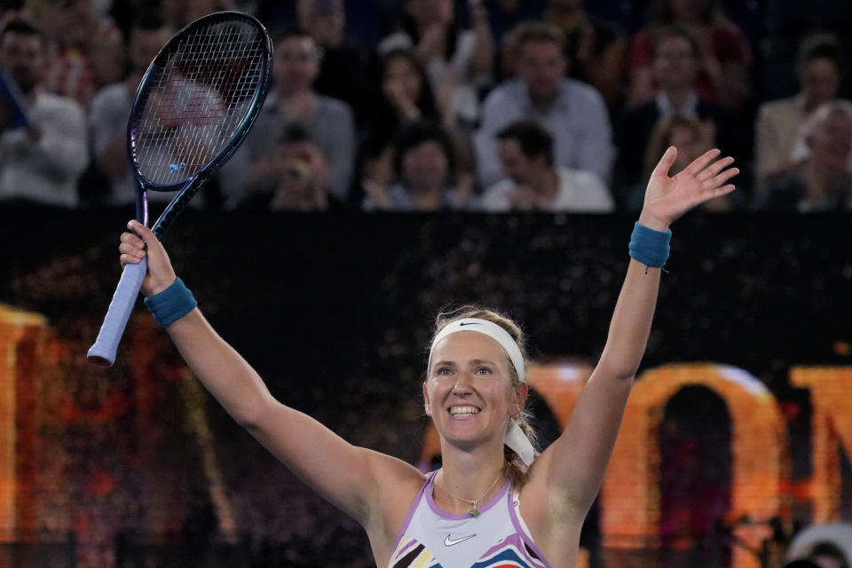 Victoria Azarenka of Belarus waves after defeating Jessica Pegula of the U.S. in their quarterfinal match at the Australian Open tennis championship in Melbourne, Australia, Tuesday, Jan. 24, 2023. (AP Photo/Aaron Favila)