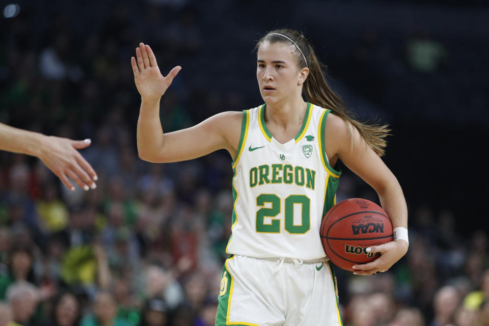 Oregon's Sabrina Ionescu (20) plays against Stanford during an NCAA college basketball game in the final of the Pac-12 women's tournament Sunday, March 8, 2020, in Las Vegas. (AP Photo/John Locher)