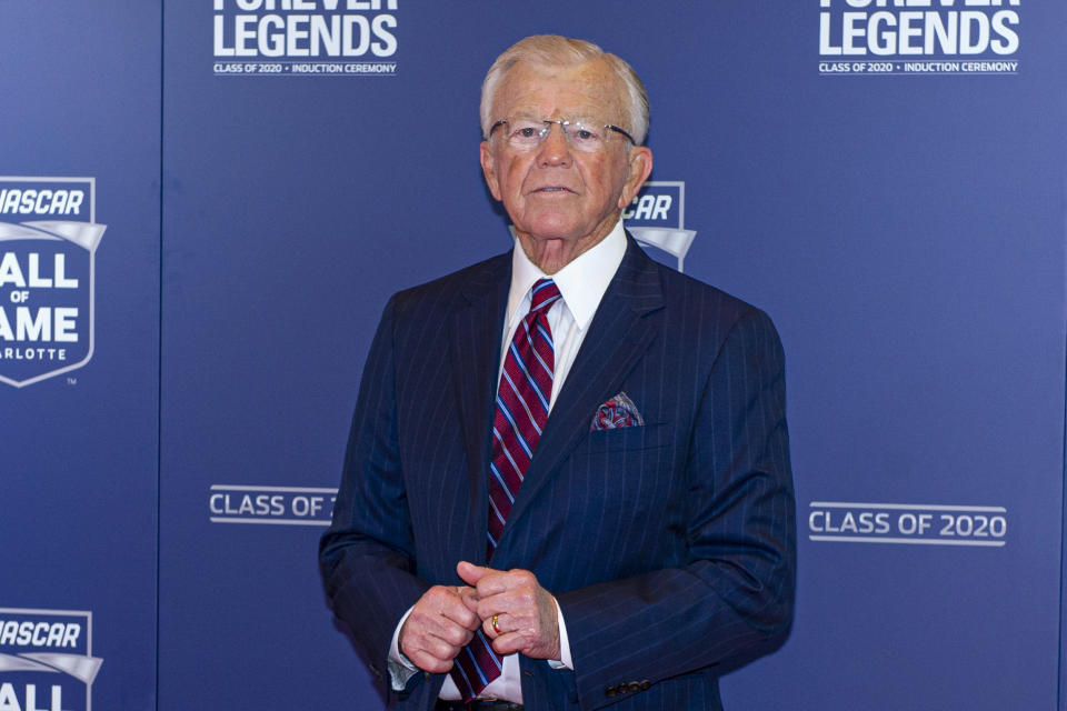 NASCAR Hall of Fame inductee Joe Gibbs poses for pictures prior to the induction ceremony in Charlotte, N.C., Friday, Jan. 31, 2020. (AP Photo/Mike McCarn)